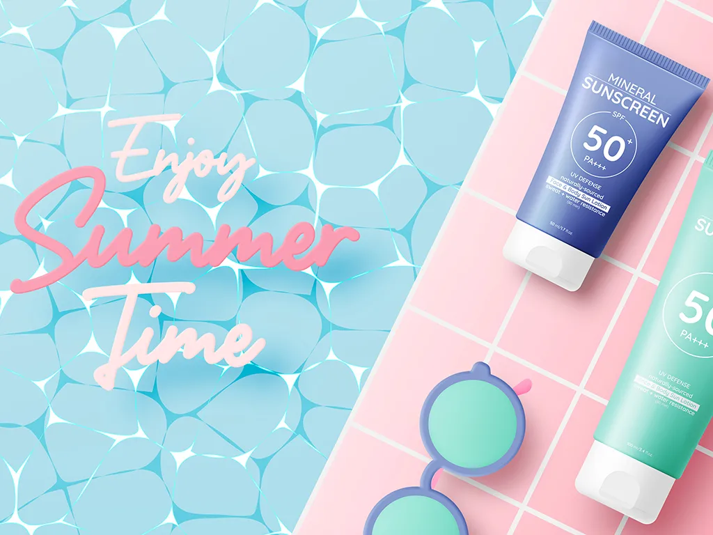 Grafika koncepcyjna przedstawiająca kremy SPF do twarzy na lato