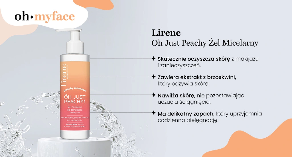 Inflografika dotycząca właściwości żelu micelarnego Lirene Oh Just Peachy