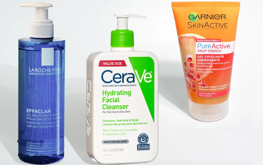 Żele do mycia twarzy na białym tle, od lewej La Roche Posay, CeraVe oraz Garnier